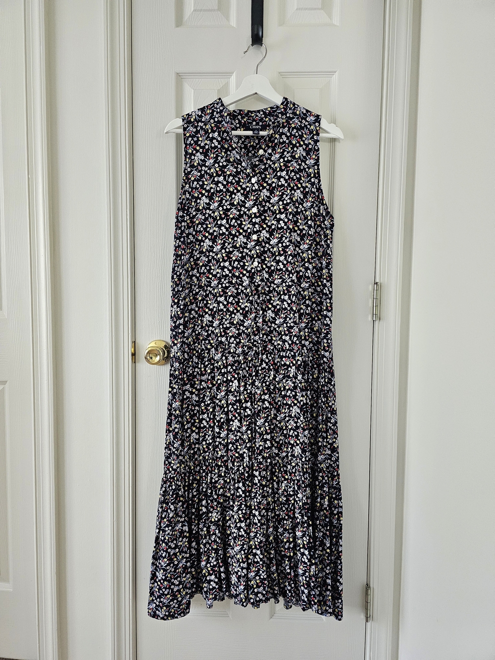 CHAPS M Navy Floral Sleeveless Button Front Tiered Maxi Dress Tie Waist - Picture 9 of 15